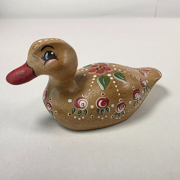 Vintage Wooden Painted Duck Folk Art Country Kitchen flower Design cottagecore - Picture 1 of 15